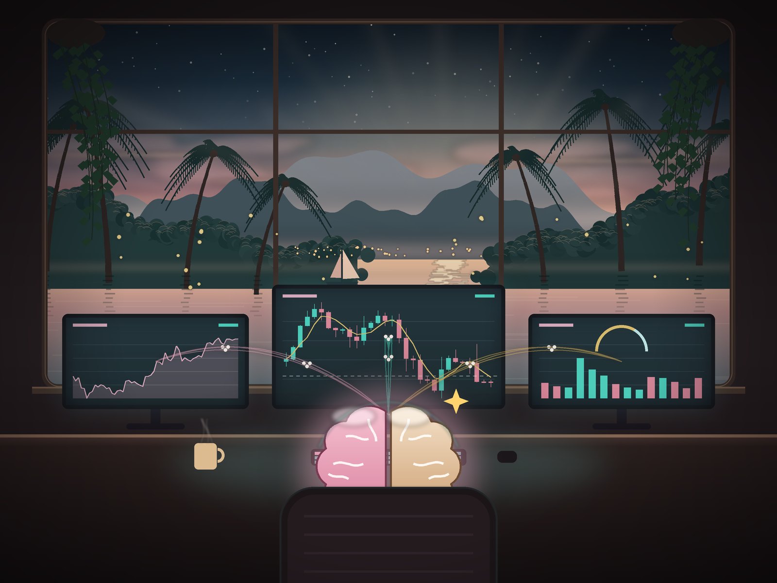The BRAIN at a trading desk with three chart screens, looking out over a forest cove at dusk